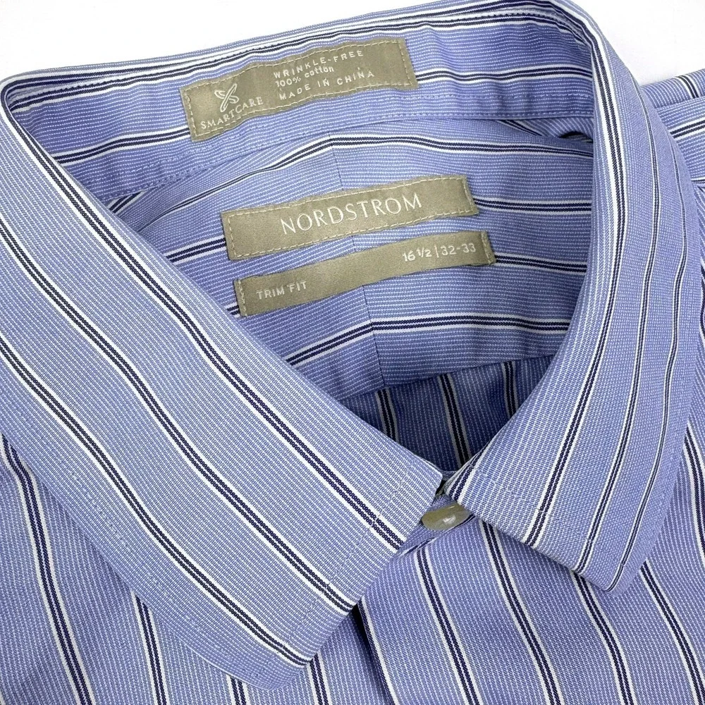 Nordstrom Trim Fit Button Up Shirt Mens Sz 16 1/2 32-33 Blue‎ White Stripe Smart
